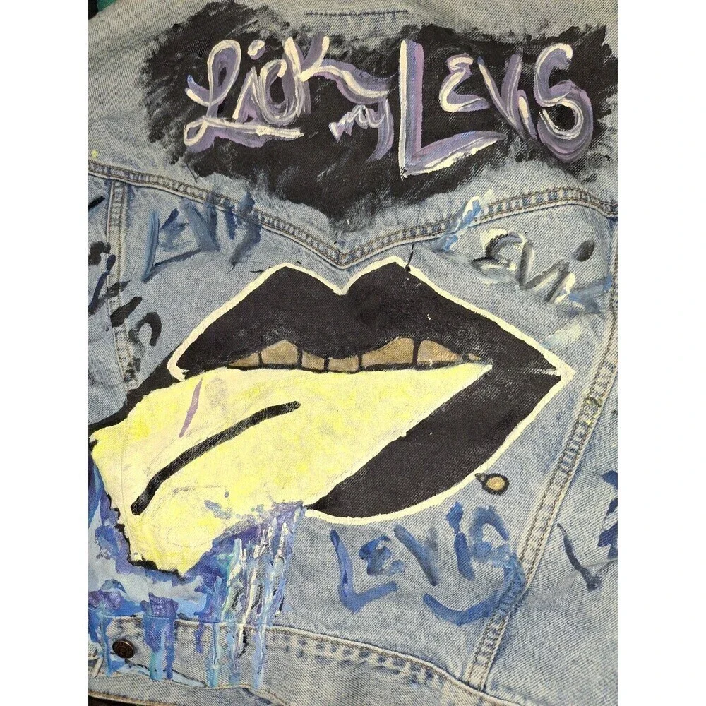 Custom Painted Levis Vintage Jacket Distressed Lick My Levis Size M‎